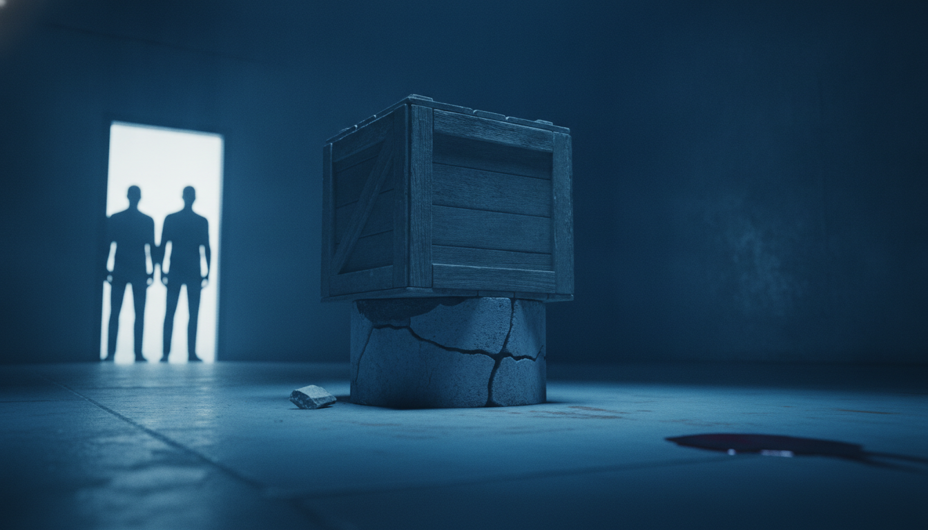 The box test — a sealed, warning-marked AEGIS crate alone in a dark ship room